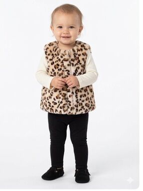 NWT Little Me 3 Piece Leopard Print Puffer Fake Fur Vest, Top & Pants 12 Months